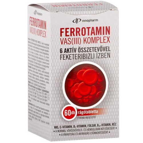 Innopharm Ferrotamin Eisen (III) Komplex Nahrungsergänzungsmittel Kautablette mit 6 Wirkstoffen, mit schwarzem Johannisbeergeschmack und Süßungsmittel