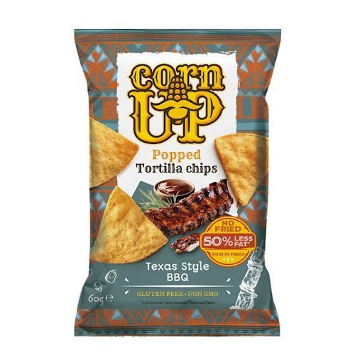 Corn Up, teljes kiőrlésű sárga kukorica Tortilla chips, BBQ/Barbecue ízesítéssel, 60g