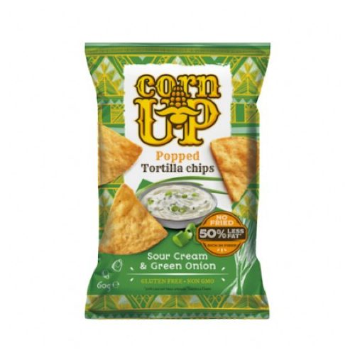 Corn Up, teljes kiőrlésű sárga kukorica Tortilla chips, hagymás tejfölös ízesítéssel, 60g