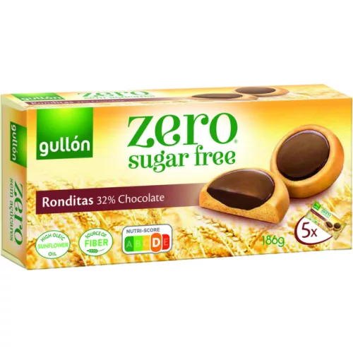 Gullón Ronditas, Étcsokoládéval töltött cukormentes keksz édesítőszerrel, 186 g